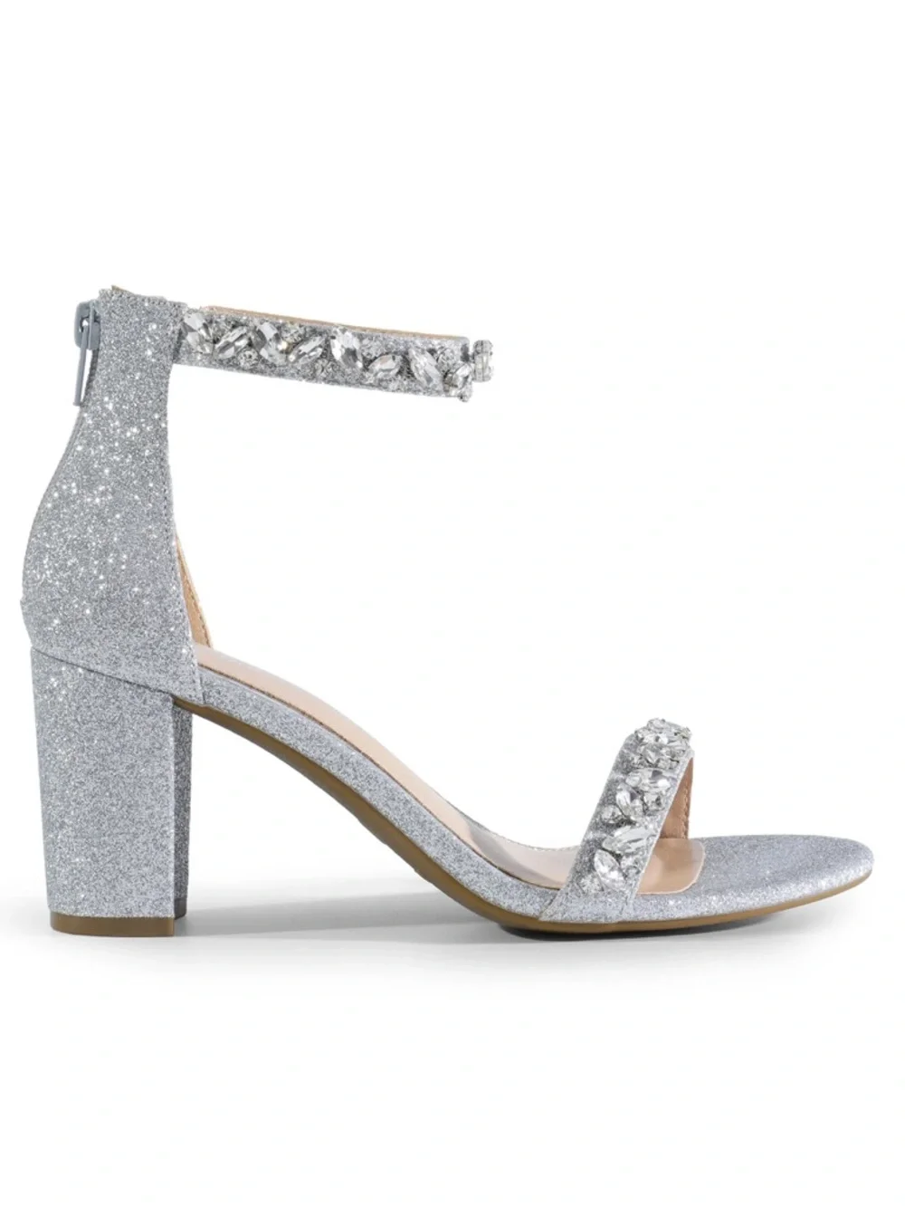 NWOT DREAM PAIRS Women's Low Chunk Heel Silver Sparkling Prom Sandals Size 8.5